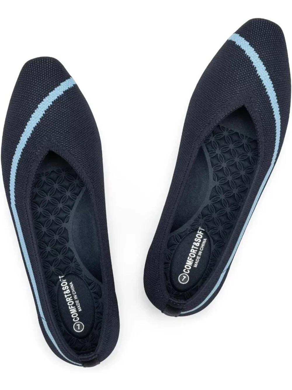 Frank Mully Women's Blue Rubber Knitted Square Toe Comfortable Slip On Flats